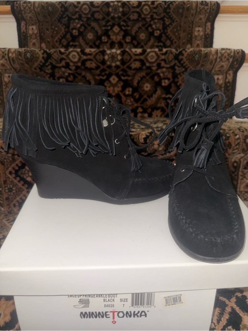 Minnetonka Black Suede Fringe Wedge Ankle Boots
